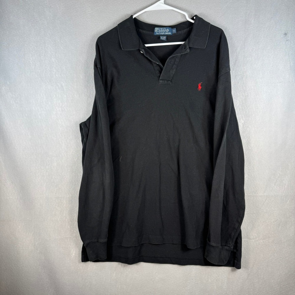 Polo Ralph Lauren Mens XL Black Long Sleeve Pique Polo Shirt Red Pony Logo